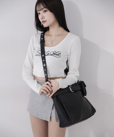 【 A4収納可 】ミニポーチ付きスタッズベルトヴィンテージフェイクレザーショルダーバッグ ／ mini poach SET studs belt vintage fake leather shoulder bag