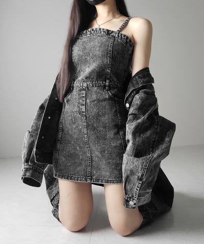 【 セットアップ着用可能 】ヴィンテージケミカルブリーチストラップデニムキャミワンピース ／ vintage chemical bleach strap denim cami onepiece