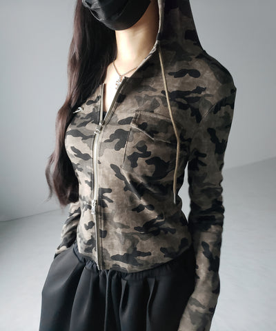 ヴィンテージカモフラダブルジップカットパーカー ／ vintage camouflage double zip cut hoodie