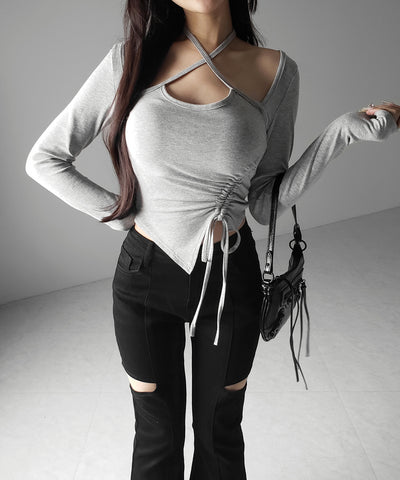 クロスリボンスクエアネック長袖Ｔシャツ ／ cross ribbon square neck long sleeve T-shirts