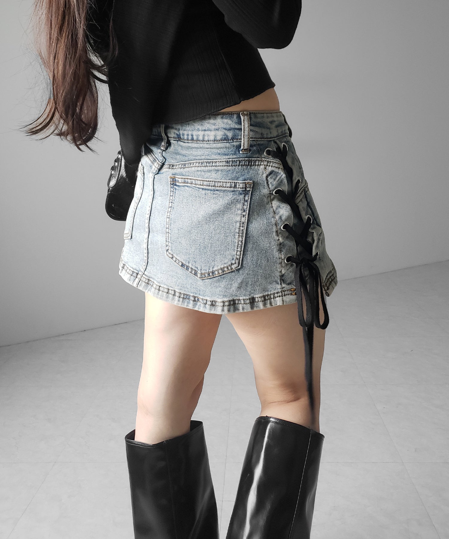 【 インパン裏地付き 】レースアップマイクロデニムミニスカパン ／ Lace-up micro denim mini skirt pants