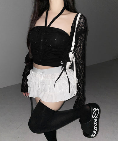 ラインストーンホルターネックスナップギャザーベアトップ ／ Rhinestone halter neck snap gathered bare top