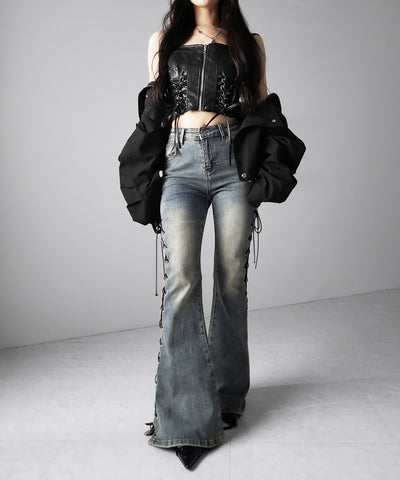ダブルリボンレースアップフェイクレザーショートビスチェ ／ double ribbon laceup fake leather short bustier