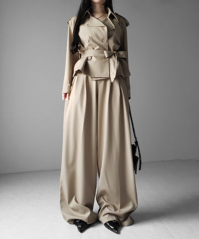 【 上下セットアップ 】ウエストマークショートトレンチコート ＋ タックワイドスラックスパンツ SETUP ／ Waist-mark short trench coat + tuck wide slacks pants