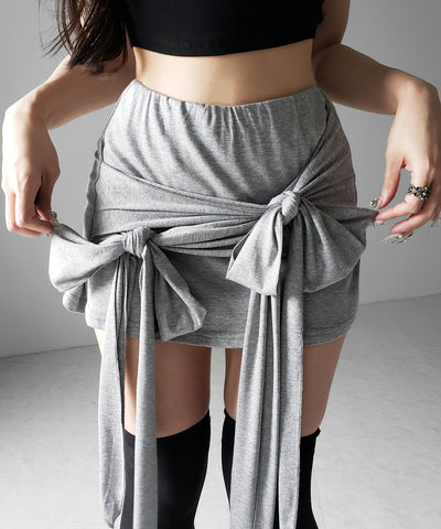 ダブルレイヤードリボンドレープミニスカパン ／ double layered ribbon draped mini skirt pants