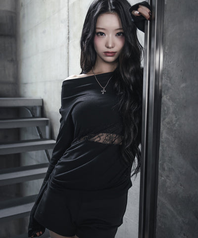 【 ２color 】ウエストレースカットアウトオフショルトップス ／ waist lace cutout offshoulder tops