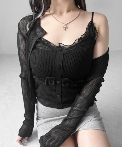 【 2点セット 】フロントレースシアーニットキャミソール ＋カーディガン SET / front lace sheer knit camisole + cardigan set