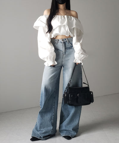 【 ２color 】オフショルダーフリルショートブラウス ／off shoulder frill short blouse
