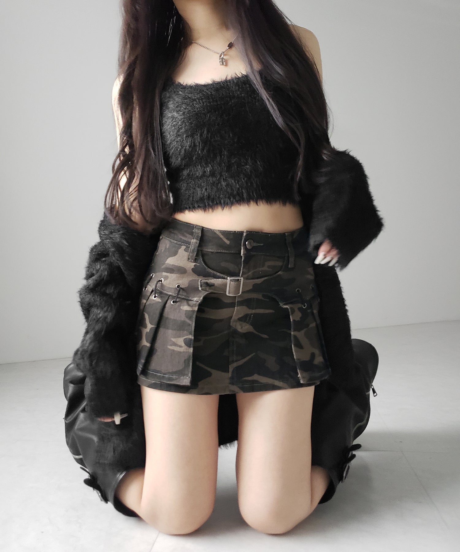 【 インパン裏地付 】カモフラベルテッドマイクロプリーツミニスカパン ／ camouflage belted micro pleats skirt pants