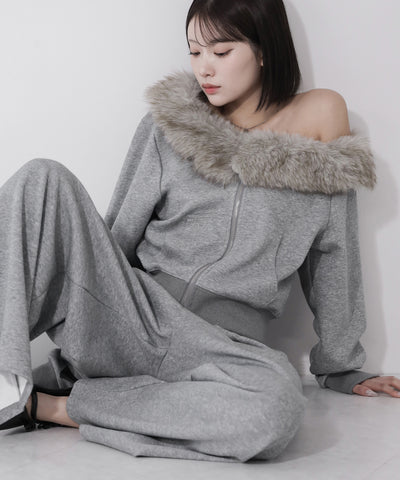 【 セットアップ 】ファーダブルジップワンショルスウェット＆タックワイドスウェットパンツ ／ Fur double-zip one-shoulder sweatshirt ＆ tuck wide sweatpants SETUP