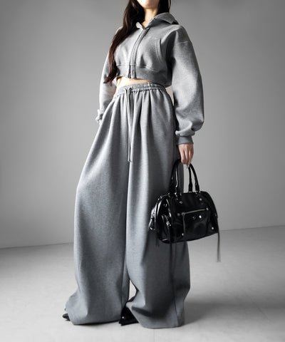 【 セットアップ 】ダブルジップショートパーカー ＋ タックワイドスウェットパンツ SET ／ double zip short hoodie + tuck wide sweat pants SET