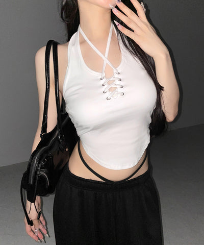 【 クロスにできる２WAY 】レースアップホルターネックタンク ／ laceup halter neck tank