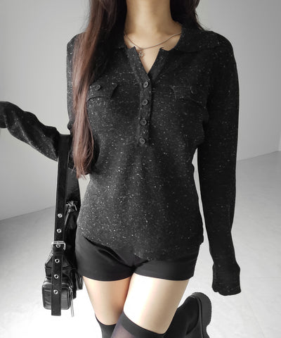 スキッパーボタン長袖ロングニットトップス ／ skipper button long sleeve long sheer knit tops