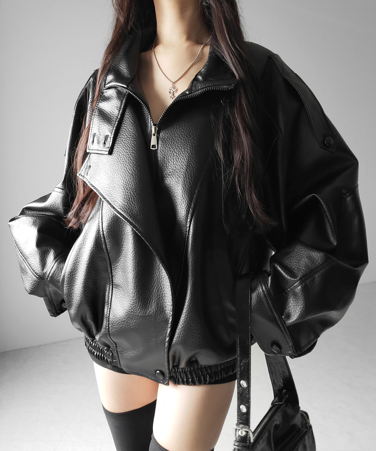 ヴィンテージフェイクレザースタンドカラージップアップブルゾン ／ 2WAY vintage fake leather stand collar zipup blouson