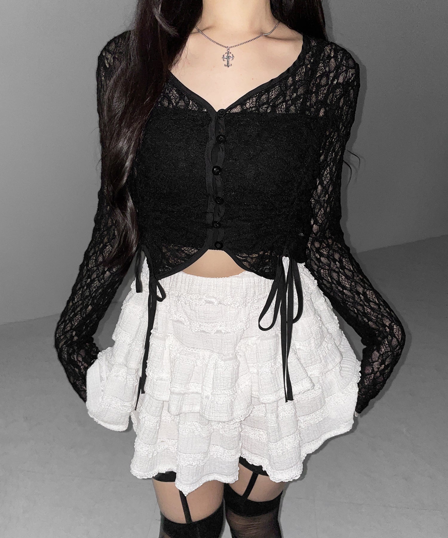 ダブルシャーリングショートレースカーディガン ／ double shirring short lace cardigan