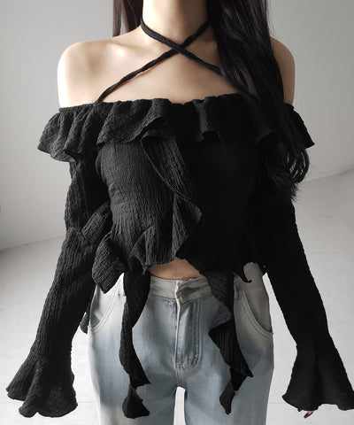 【 ２color 】クロスストラップリボンオフショルダーフリルブラウス ／ cross strap ribbon off shoulder frill blouse