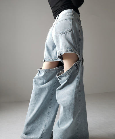 【 選べる３サイズ 】バックオープンカットアウトウォッシュワイドデニム ／ Back open cutout washed wide denim