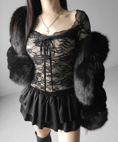 【 裏起毛 】フロントリボンレースレイヤードスクエアネックトップス ／ urakimo front ribbon lace layered square neck