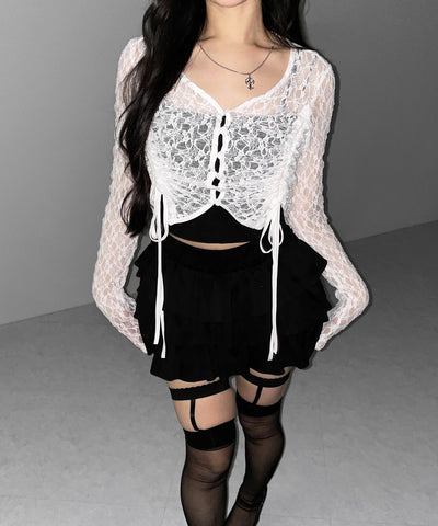ダブルシャーリングショートレースカーディガン ／ double shirring short lace cardigan