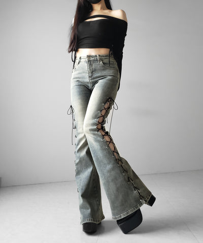 レースアップカットアウトストレッチフレアデニム ／ lace up cutout stretch flare denim
