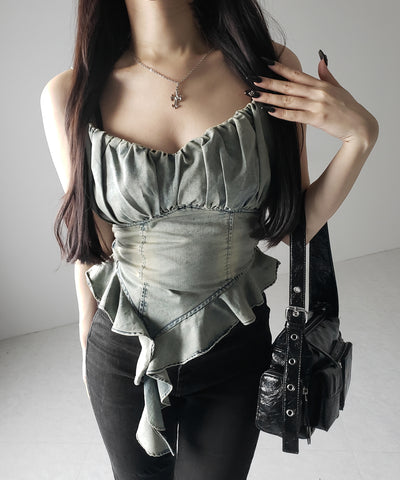 【 ２点セット 】ヴィンテージデニムビスチェ ＆ 半袖レイヤードＴシャツセット ／ vintage denim bustier & short sleeve layered Ｔ-shirts set