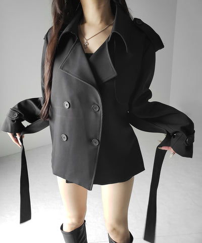 【 上下セットアップ 】ウエストマークショートトレンチコート ＋ タックワイドスラックスパンツ SETUP ／ Waist-mark short trench coat + tuck wide slacks pants