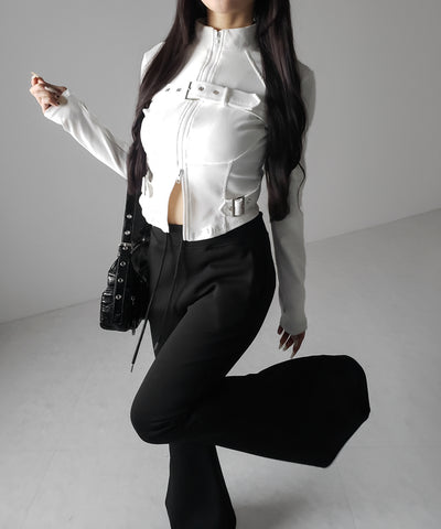 スタンドカラーベルテッドダブルジップスリムトップス ／ stand collar belted double zip slim tops