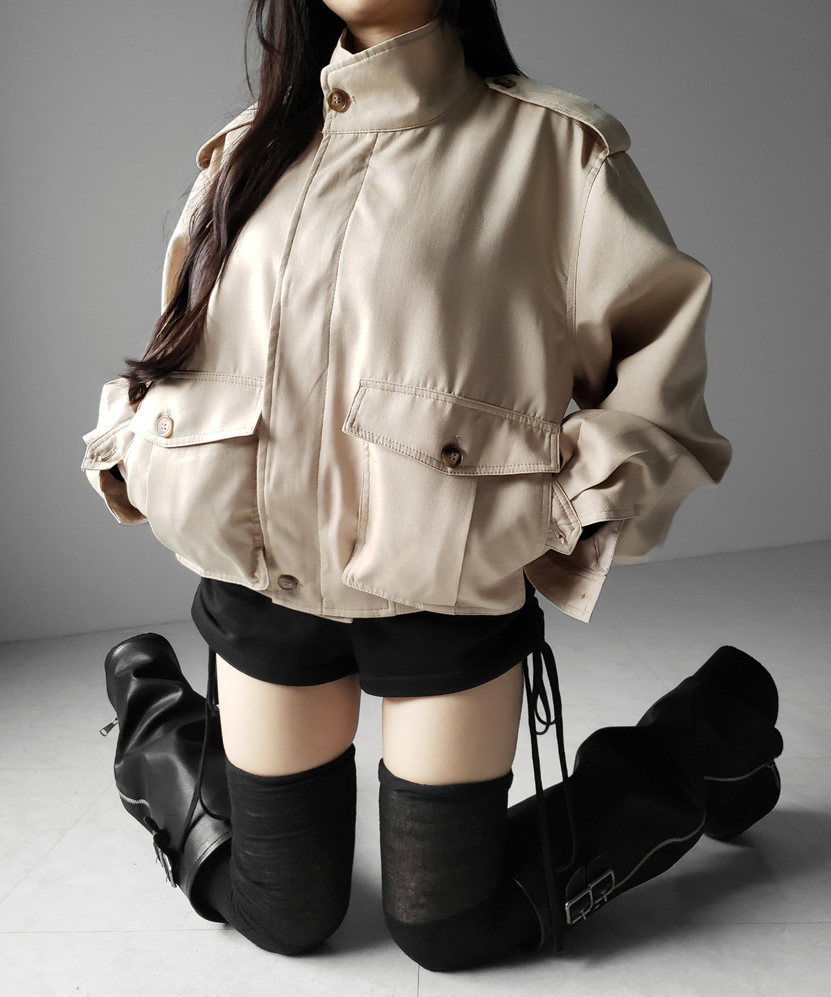 スタンドカラーオーバーショートトレンチコート ／ stand collar over short trench coat