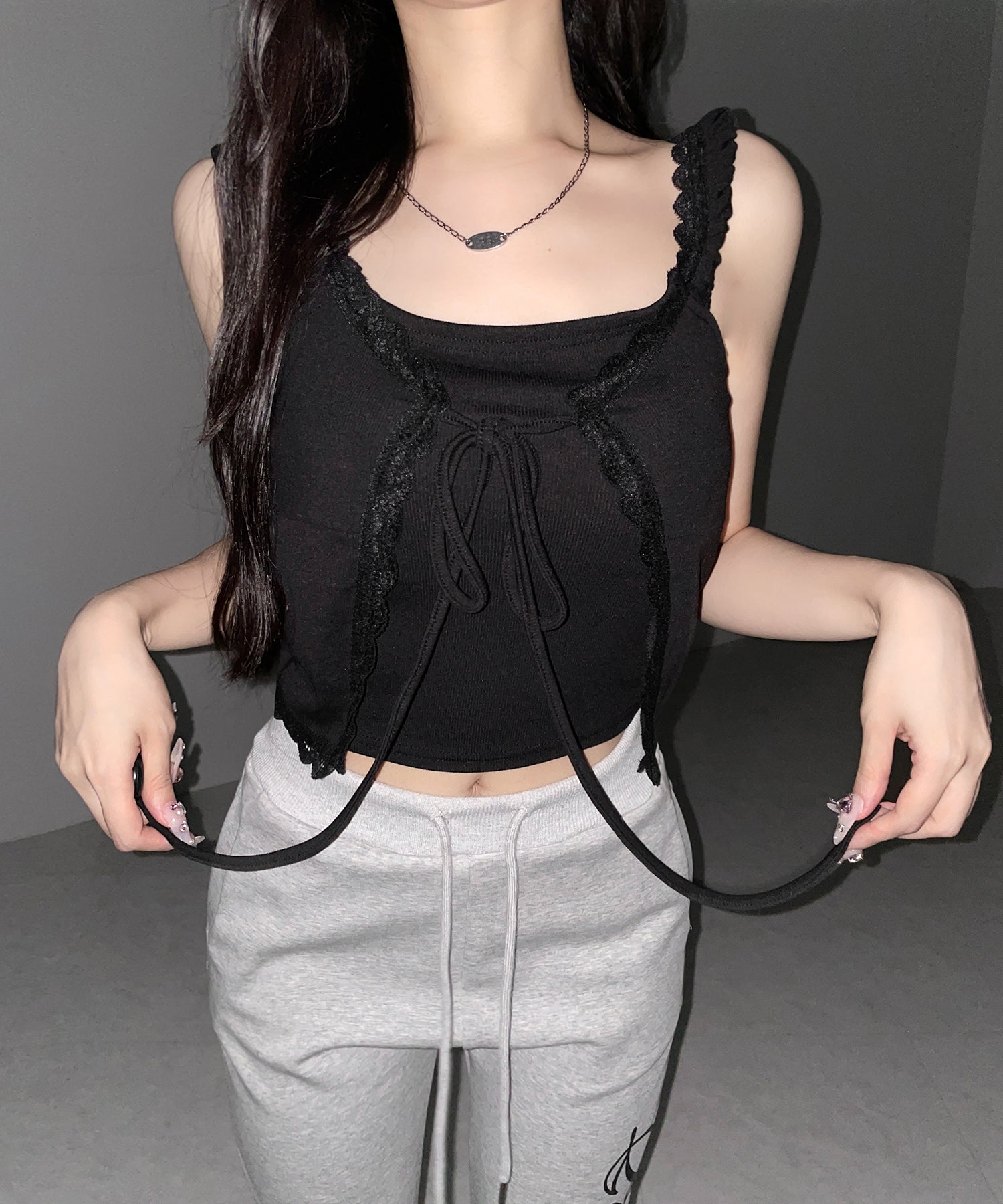 フロントリボンレイヤードリブキャミタンク ／ front ribbon layered lib camisole tank