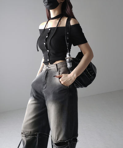 【 ４size ／ ２color 】カットアウトストラップヴィンテージルーズデニム ／ cutout strap vintage loose denim
