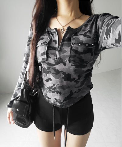 ヴィンテージカモフラアウトポケットジップロンT ／ vintage camouflage out pocket zip longsleeve T-shirt