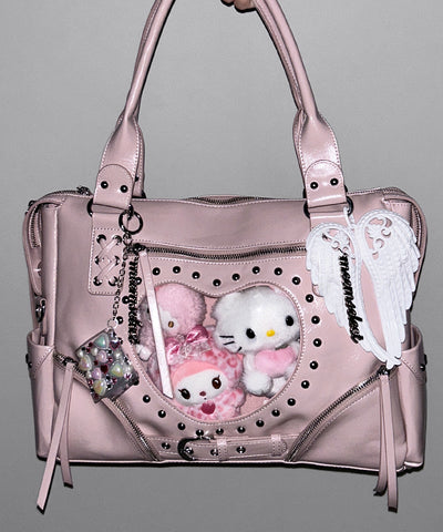 【 限定先行販売 】ハートクリアポケットスタッズフェイクレザートートバッグ ／ heart clear pocket studs fake leather tote bag