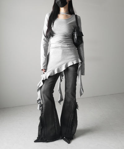 【 ３color 】クロスチョーカーアシンメトリーラッフルフリルトップス ／ cross choker asymmetry ruffle frill tops