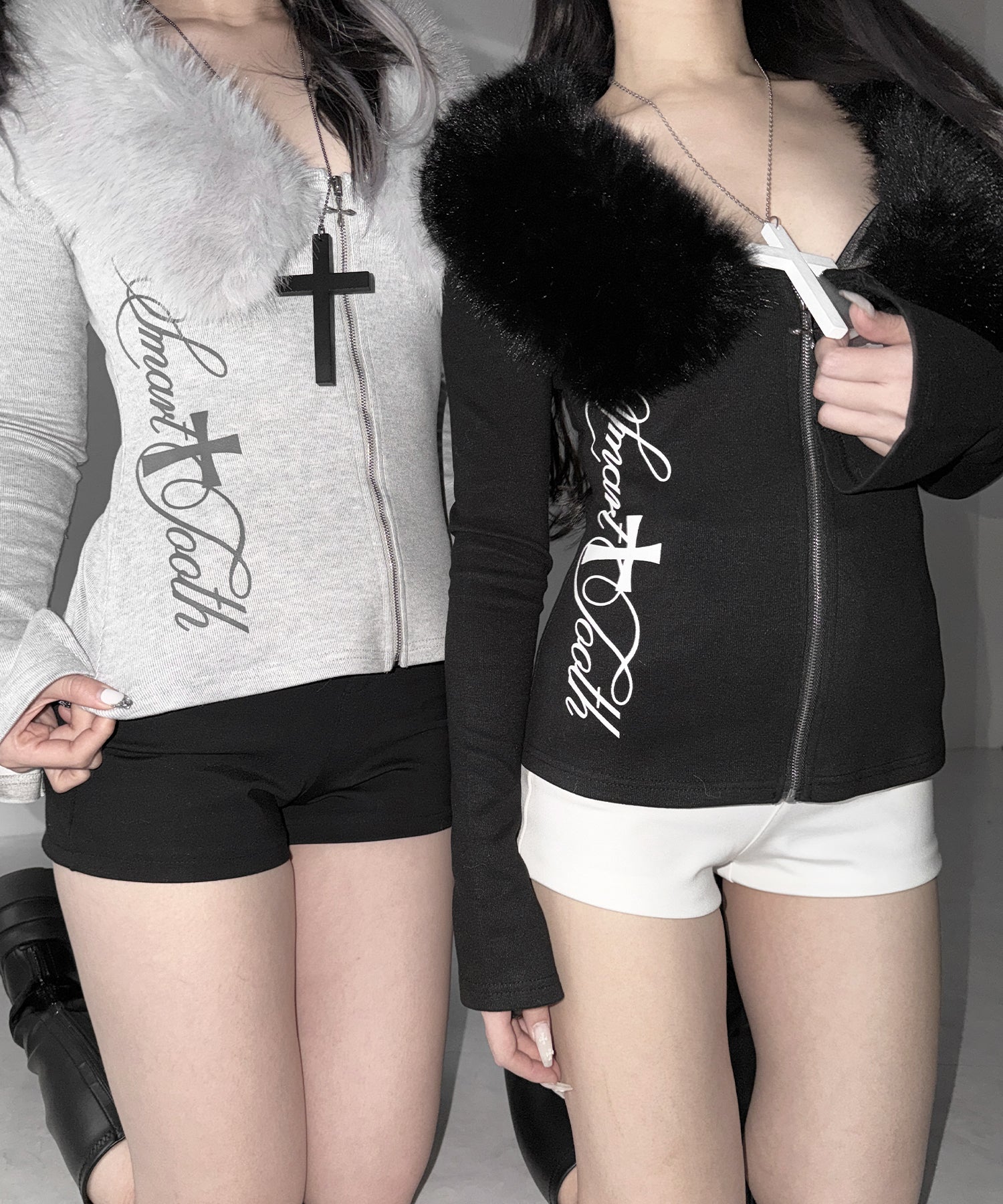 ファー襟クロスロゴジップアップリブカーディガン ／ fur collar cross logo zipup rib cardigan