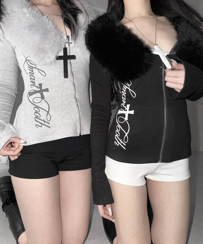ファー襟クロスロゴジップアップリブカーディガン ／ fur collar cross logo zipup rib cardigan
