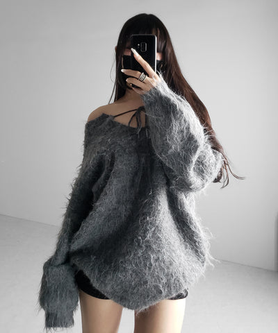 ストラップリボンオフショルオーバーシャギーニット ／ strap ribbon off shoulder over shaggy knit