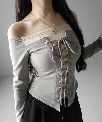 レースアップコルセットリボンオフショルトップス ／ laceup corset ribbon off shoulder tops