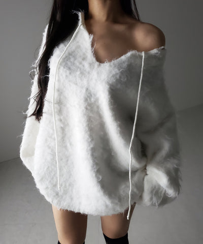 ストラップリボンオフショルオーバーシャギーニット ／ strap ribbon off shoulder over shaggy knit