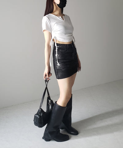 【 ２color 】サイドシャーリングリボン半袖ショートＴシャツ ／ side shirring ribbon short Tee