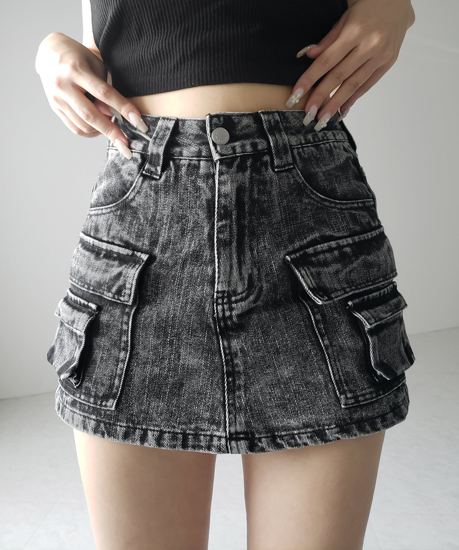【 デニムセットアップ着用可能 】ヴィンテージケミカルブリーチカーゴデニムミニスカパン ／ vintage chemical bleach cargo denim mini skirt pants