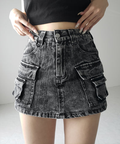 【 デニムセットアップ着用可能 】ヴィンテージケミカルブリーチカーゴデニムミニスカパン ／ vintage chemical bleach cargo denim mini skirt pants