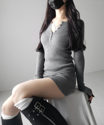 【 セットアップ 】ヘンリーネックスリムリブニットトップス＆ニットショートパンツ SET ／ henley neck slim rib knit tops ＆ knit short pants SET