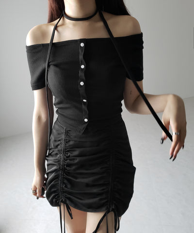 【 ２WAY 】ストラップリボンオフショルダーリブトップス ／ strap ribbon off shoulder rib tops