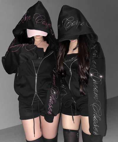 【 セットアップ可能 】ラインストーンロゴダブルジップパーカー ／ Rhine stone logo double zip hoodie