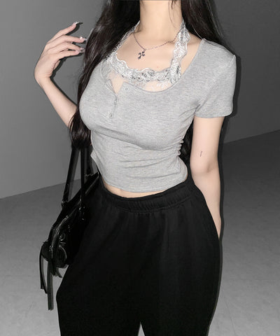 レースレイヤードホルターヘンリーネック半袖Ｔシャツ ／ lace layered halter henley neck short sleeve T-shirt