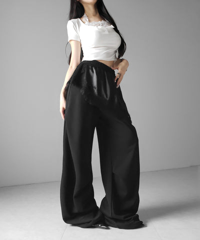 レースドッキングレイヤードスウェットワイドパンツ ／ lace docking layered sweat wide pants