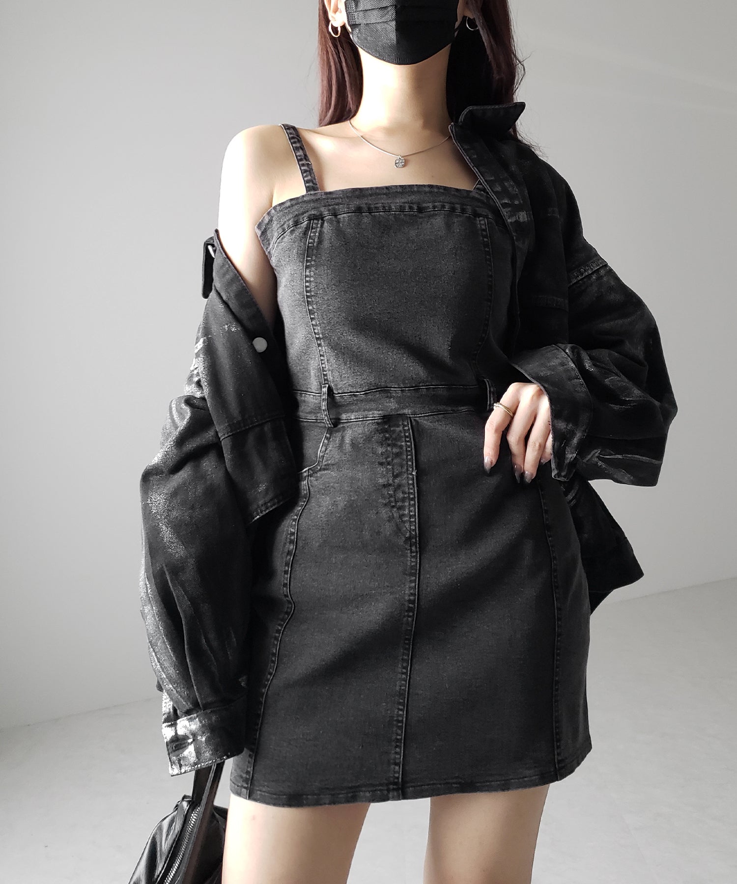 【 ２color 】ウォッシュデニムハイウエストミニキャミワンピース ／ wash denim high waist mini cami onepiece