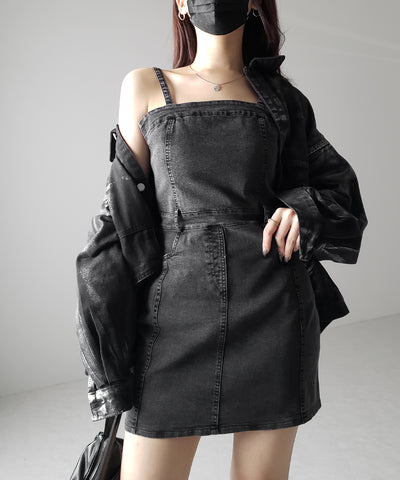 【 ２color 】ウォッシュデニムハイウエストミニキャミワンピース ／ wash denim high waist mini cami onepiece