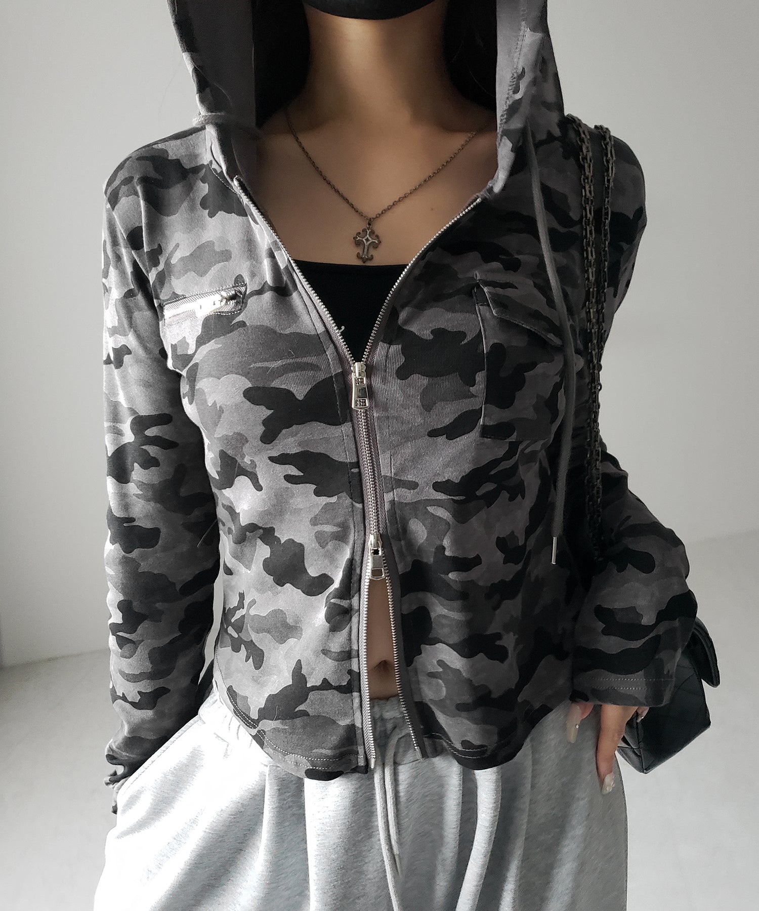 ヴィンテージカモフラダブルジップカットパーカー ／ vintage camouflage double zip cut hoodie