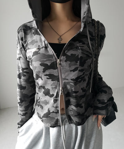 ヴィンテージカモフラダブルジップカットパーカー ／ vintage camouflage double zip cut hoodie